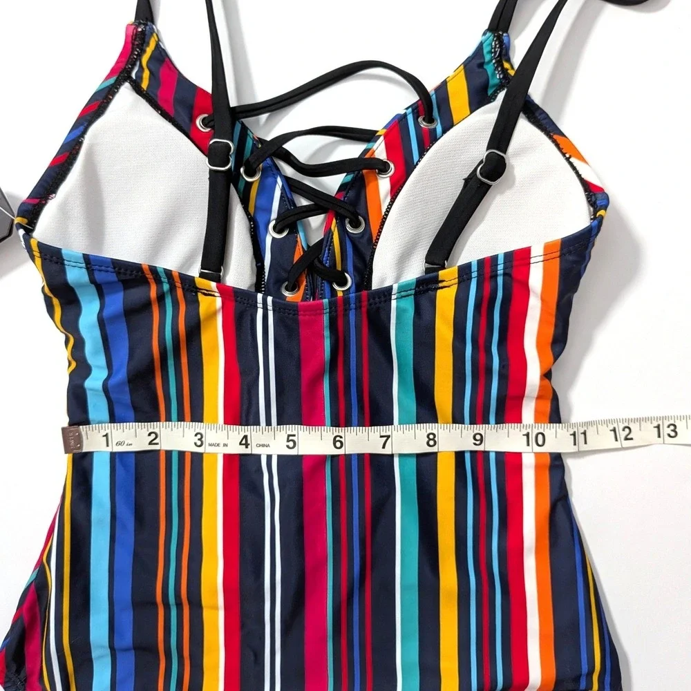 Nautica Womens Slimming Lace Up One Piece Swimsuit Multicolor‎ Stripe Small NWT